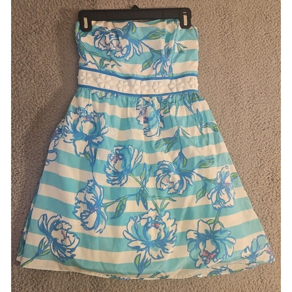 Lilly Pulitzer Langley Shorely Blue Tossing The Line Strapless Cocktail Dress 00 - Picture 1 of 13